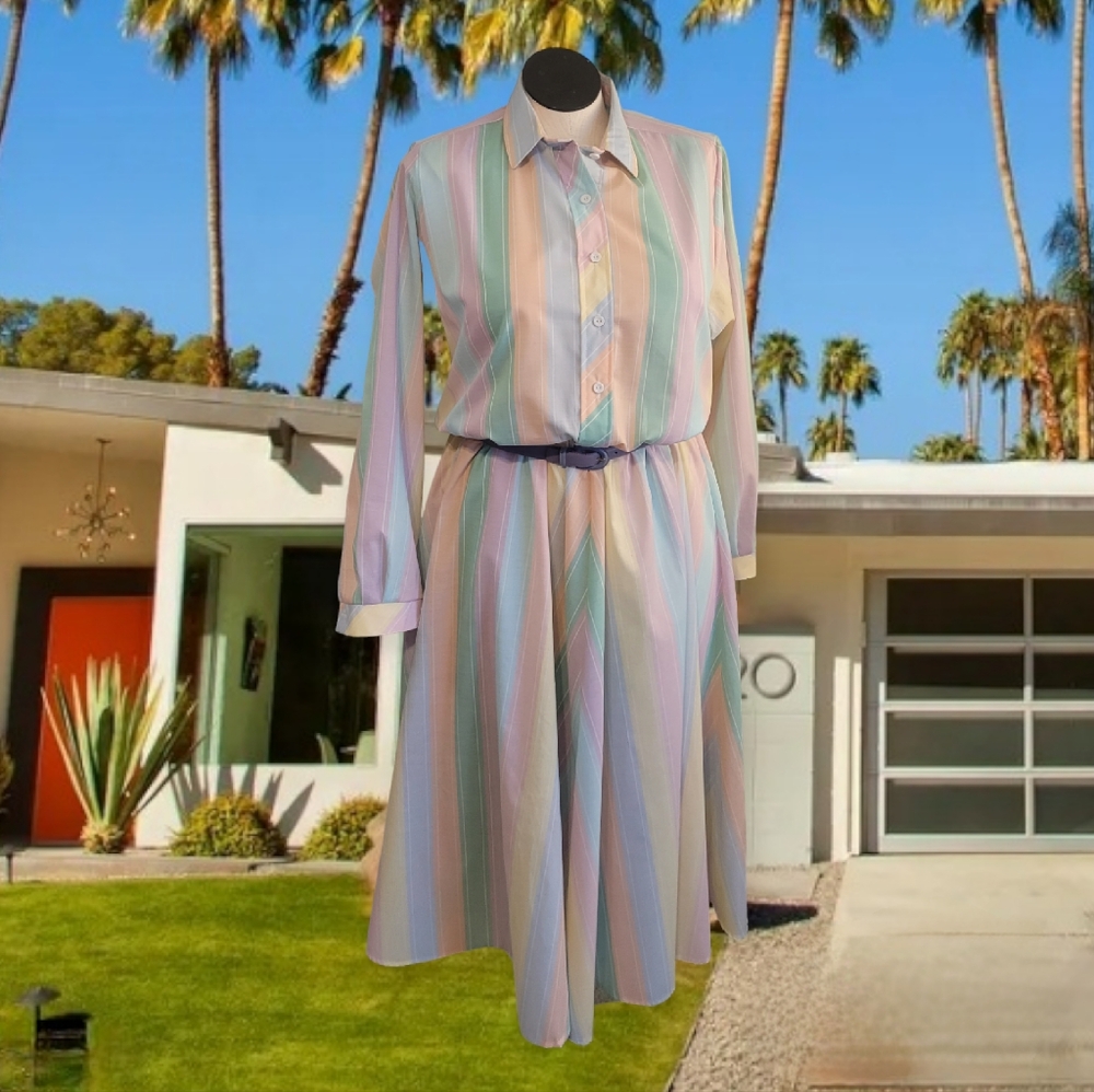 80s Pastel Striped Shirt Dress